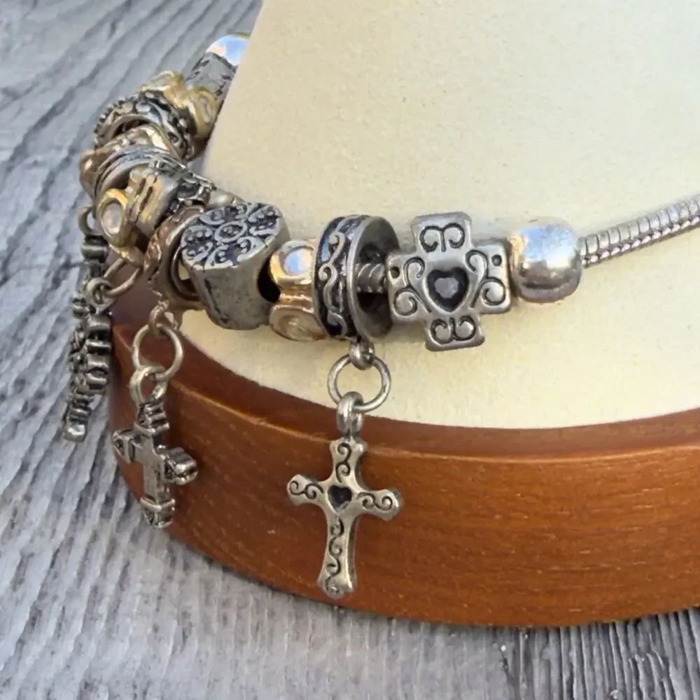 Christian Cross Charm Bracelet, Heart Clasp, Dangle Charms, 